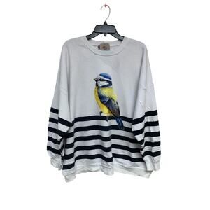 Upcycled Hand Printed Womens Large Yellow Blue Wild Bird Long Sleeve Sweatshirt